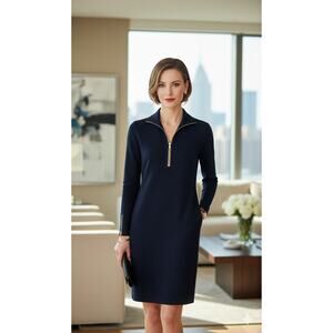 Jude Connally Navy Blue Knit Long Sleeve Dress Large Classic Chic Minimalist